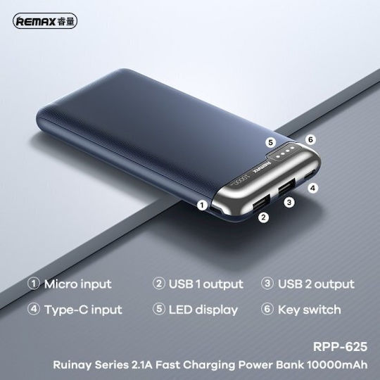 Remax RPP-625 Power Bank 10000mAh 15W με 2 Θύρες USB-A και Θύρα USB-C Power Delivery Γκρι