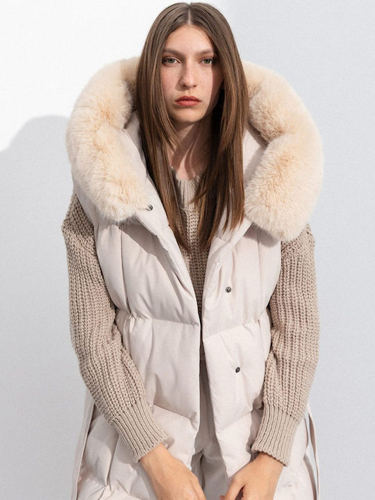 Women's Long Puffer Jacket for Winter with Hood Beige