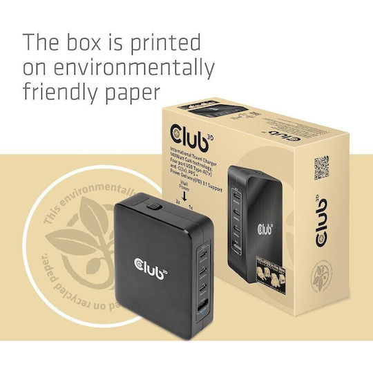 Club3D Wireless GaN Charger With USB-A Port And 3 USB-C Ports 140W Power Delivery Black (CAC-1917)