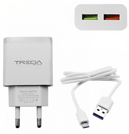 Treqa Ladegerät mit 2 USB-A Anschlüsse und Kabel Micro-USB Weißs (CH-631)