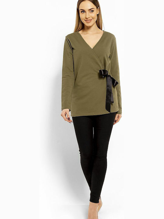 PeeKaBoo Women's Blouse Cotton Long Sleeve with V Neckline Khaki