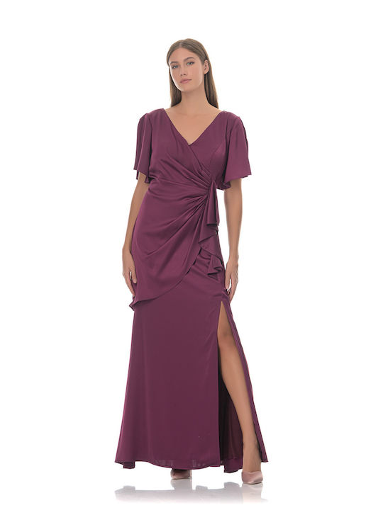 Farmaki Maxi Evening Dress Satin Draped Purple