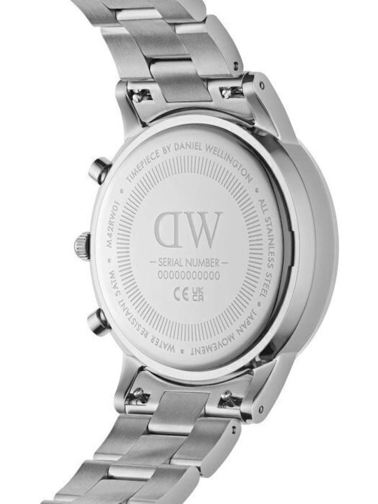 Daniel Wellington Iconic Ανδρικό Ρολόι 42mm Χρονογράφος Μπαταρίας με Ασημί Μεταλλικό Μπρασελέ