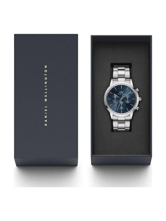 Daniel Wellington Iconic Ανδρικό Ρολόι 42mm Χρονογράφος Μπαταρίας με Ασημί Μεταλλικό Μπρασελέ