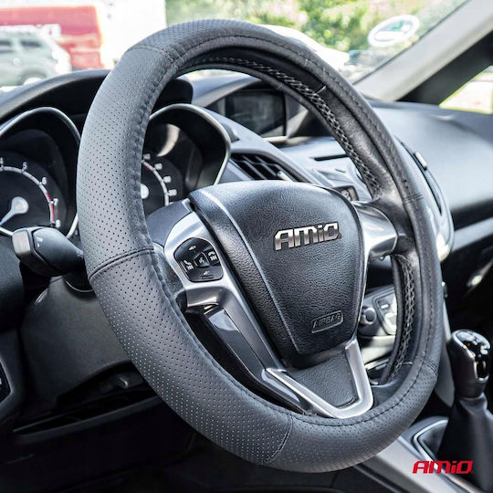 AMiO Car Steering Wheel Cover with Diameter 37-39cm Leather Black with Black Stitching