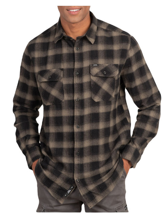 Rebase Men's Shirt Long Sleeve Flannel Checked Black/Khaki