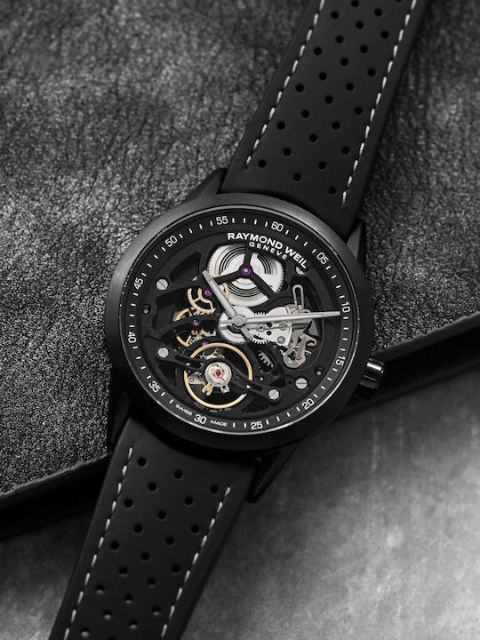 Raymond Weil Ανδρικό Ρολόι 42mm Αυτόματο με Μαύρο Δερμάτινο Λουράκι