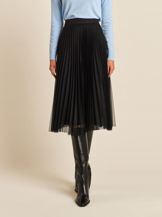 Pleated High-waisted Midi Skirt with Tulle Black