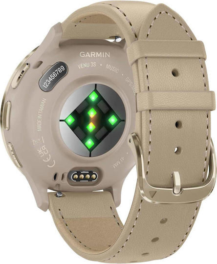 Garmin Venu 3S Stainless Steel 41mm Waterproof Smartwatch with Heart Rate Monitor (Soft Gold Stainless Steel Bezel with French Gray Case and Leather Band)