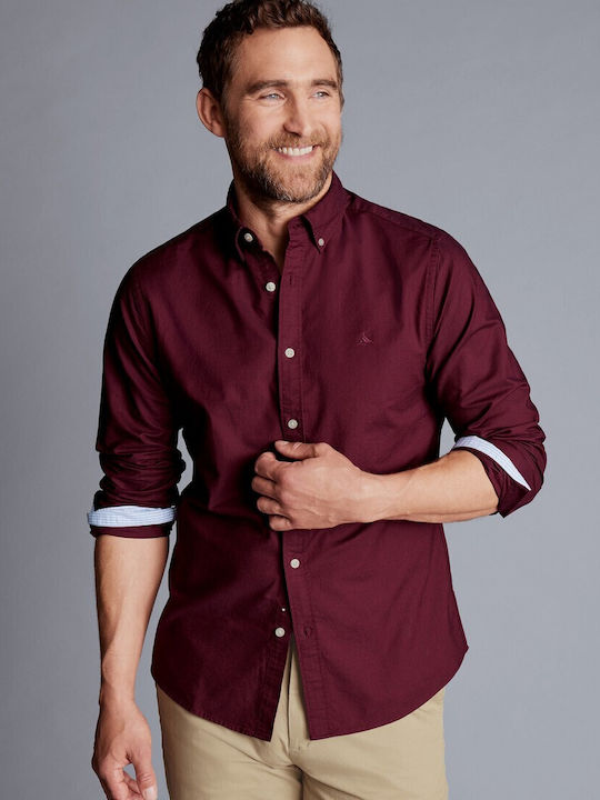 Charles Tyrwhitt Men's Shirt Long Sleeve Cotton Burgundy