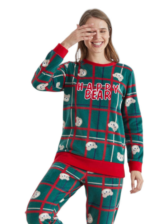 Siyah Inci Winter Women's Pyjama Set Fleece Green Bear