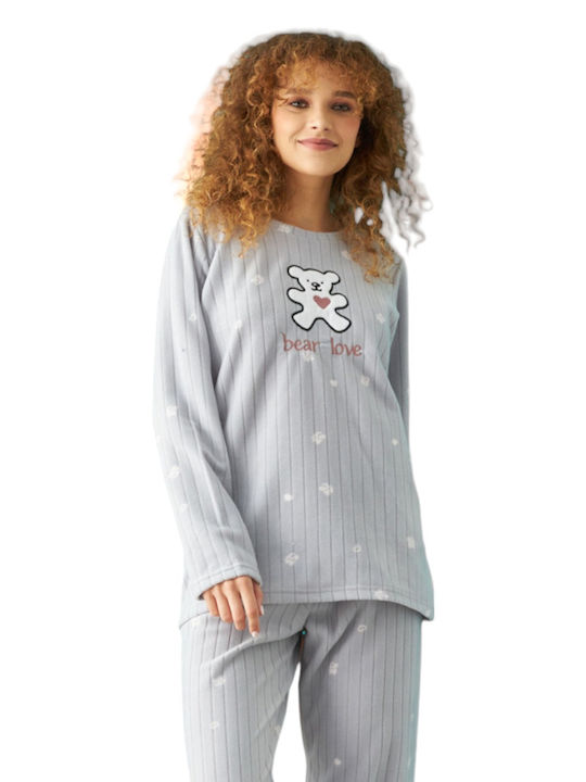 Siyah Inci Winter Women's Pyjama Set Fleece Gray Bear