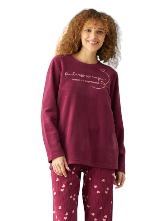 Siyah Inci Winter Fleece Women's Nightdress Burgundy