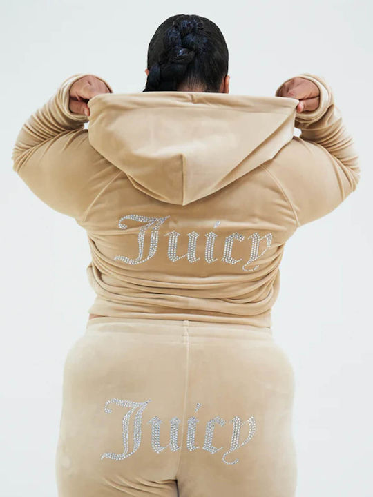 Cropped Women's Sweatshirt Jacket Velvet Hooded Beige
