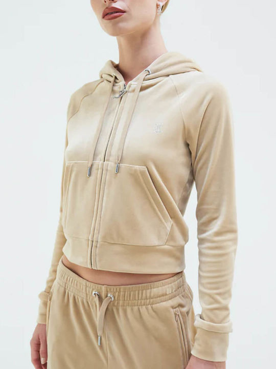 Cropped Women's Sweatshirt Jacket Velvet Hooded Beige