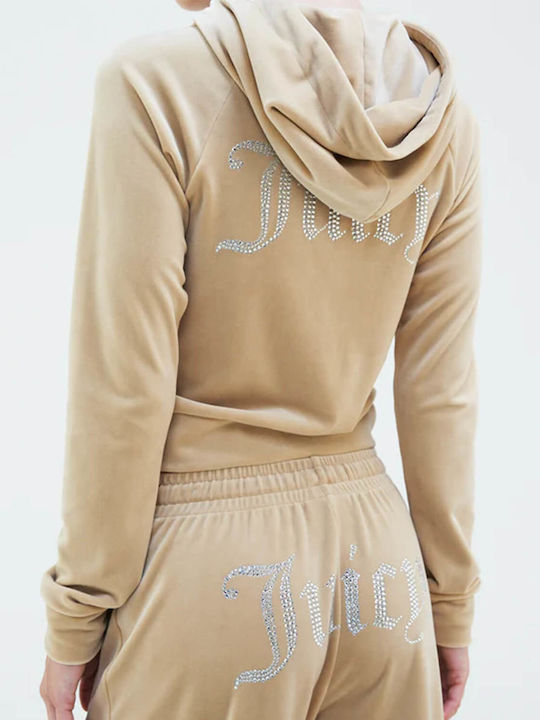 Cropped Women's Sweatshirt Jacket Velvet Hooded Beige