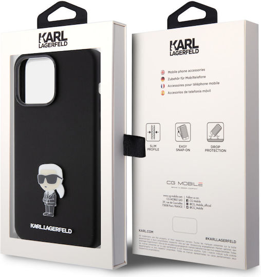 Karl Lagerfeld Ikonik Metal Pin Umschlag Rückseite Metallisch Schwarz (iPhone 15 Pro Max)