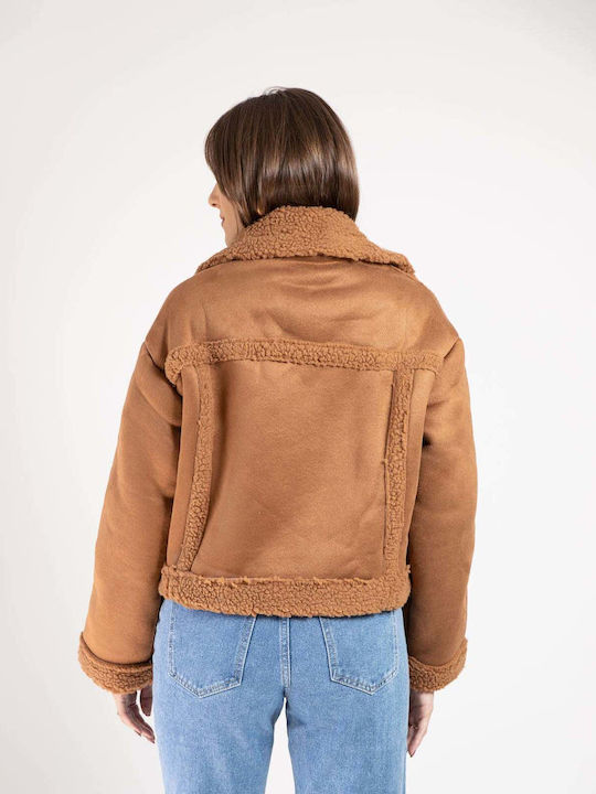 Women's Short Puffer Suede Jacket for Winter Brown