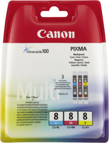 Canon CLI-8 Original Pack of 3 InkJet Printer Inks Yellow / Cyan / Magenta (0621B029)