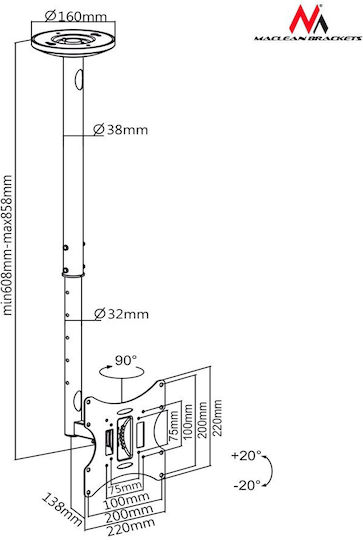 Maclean Energy MC-504A B Βάση Τηλεόρασης Οροφής έως 42" και 30kg Black
