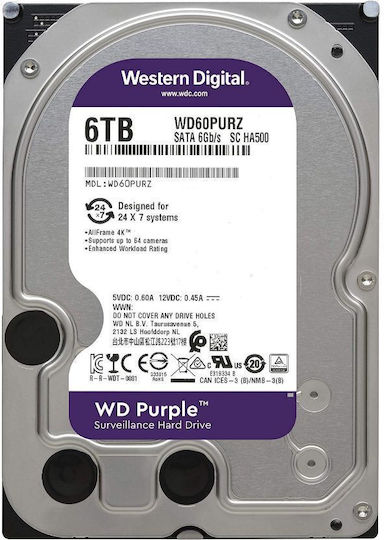 Western Digital Purple 6TB HDD Σκληρός Δίσκος 3.5" SATA III 5400rpm με 256MB Cache για Καταγραφικό WD64PURZ