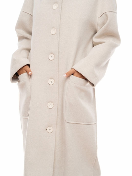 Eleria Cortes Women's Long Coat with Buttons and Hood Beige