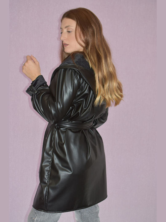 Estetica Women's Leather Short Half Coat with Buttons Black