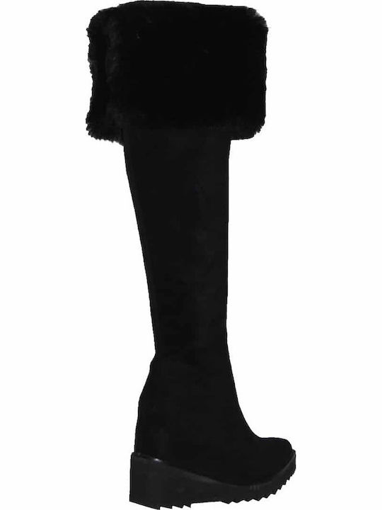 Suede Medium Heel Women's Boots with Fur Black