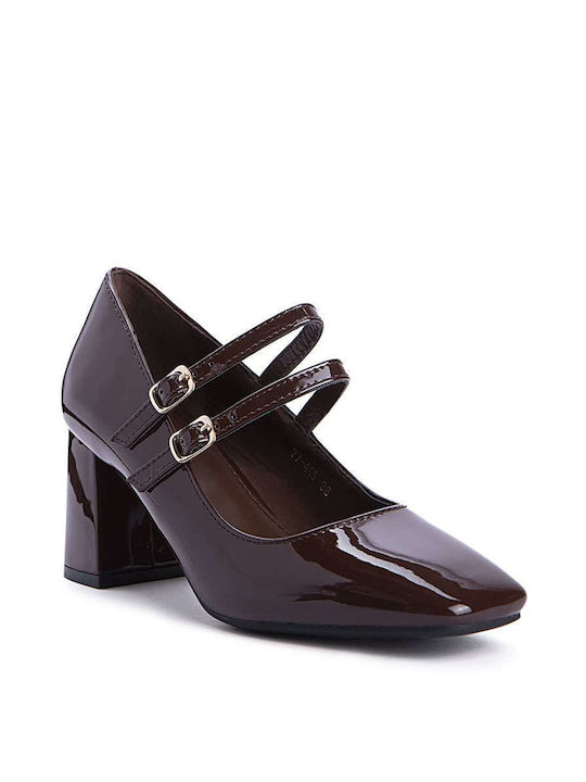 Keep Fred Patent Leather Brown Medium Heels with Strap