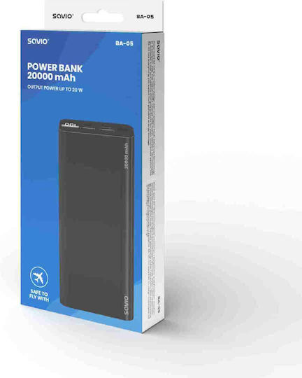 Savio BA-05 Power Bank 20000mAh with 2 USB-A Ports and USB-C Port Power Delivery Black