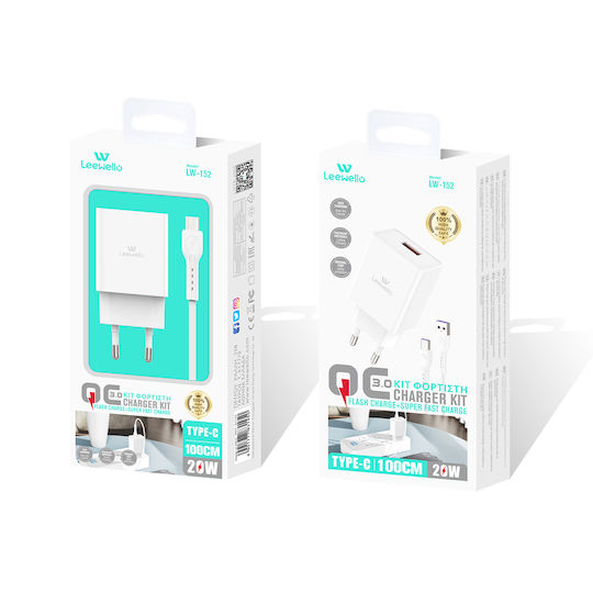 Leewello Încărcător cu Port USB-A și Cablu USB-C 20W Albς (Lw-152)