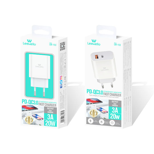 Leewello Зарядно без кабел с USB-A порт и USB-C порт 20W Бял (Lw-153)