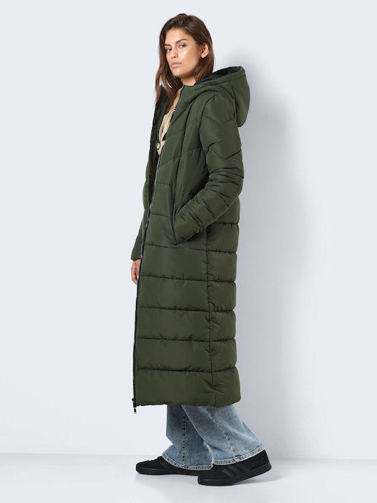 Women's Long Puffer Jacket for Winter with Hood Green