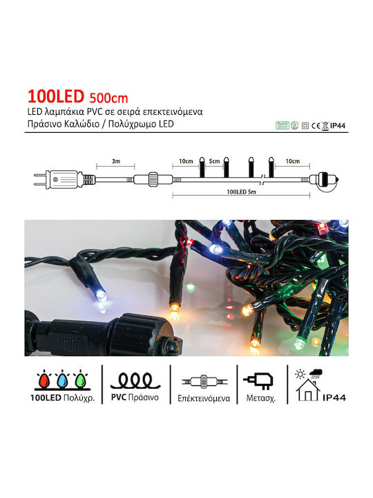 100 Light Bulb LED 5μ Colorful In String with Green Cable Lianos