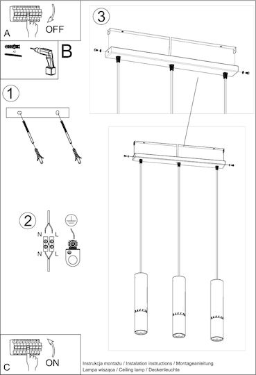 Sollux Loopez 3L Висящо Осветително Тяло Черен Rail с Цокъл GU10 45x14x31см.