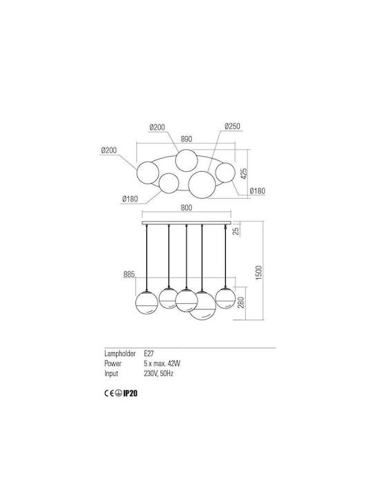 Redo Group Pendant Chandelier for 5 Bulbs E27 Silver