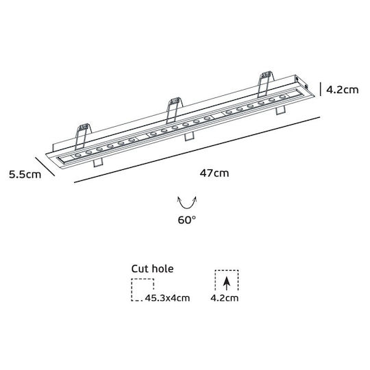 VK Lighting Commercial Linear Recessed LED Wall Light 18W Warm White IP20 L47xD5.5xH4.2cm
