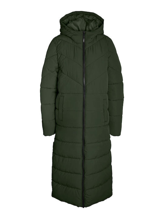 Women's Long Puffer Jacket for Winter with Hood Green
