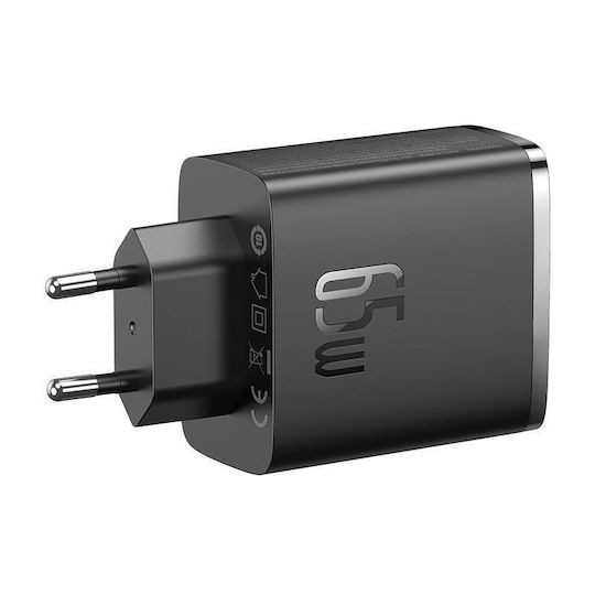 Baseus Φορτιστής Χωρίς Καλώδιο GaN με Θύρα USB-A και 2 Θύρες USB-C 65W Power Delivery / Quick Charge 3.0 Μαύρος (Cube Pro)