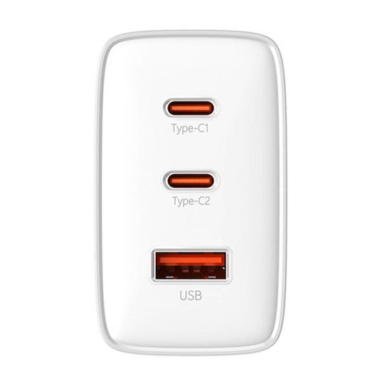 Baseus Mobile Phone Charger Without Cable GaN with USB-A Port and 2 USB-C Ports 65W Power Delivery Quick Charge 3.0 White (Cube Pro)