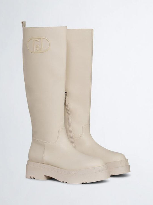 Liu Jo Love Leather Women's Boots with Medium Heel Beige