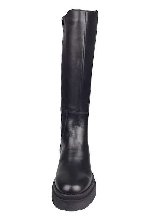 Leather Medium Heel Women's Boots with Zipper Black
