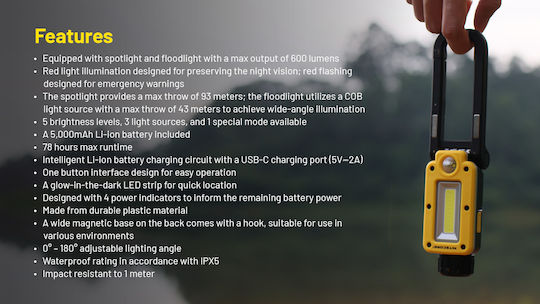 NiteCore Battery Workshop Light LED IPX5 with Brightness up to 600lm NWL20