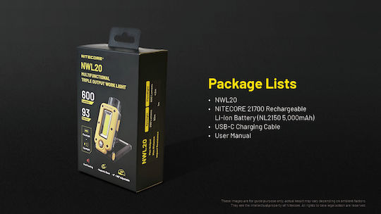 NiteCore Battery Workshop Light LED IPX5 with Brightness up to 600lm NWL20