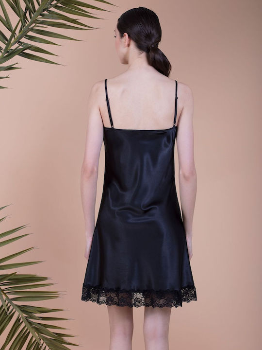 Milena by Paris Winter Satin Women's Nightdress with String Black