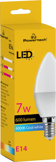Powertech LED Bulb 7W for Socket E14 and Shape C37 Natural White 600lm