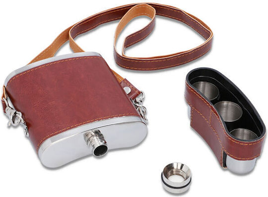 Flask Σετ Φλασκί Ανοξείδωτο με Σφηνοπότηρα Καφέ 240ml