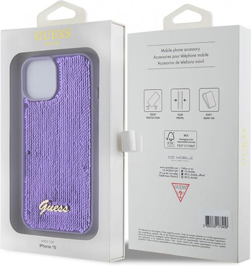 Guess Script Logo Umschlag Rückseite Metallisch Lila (iPhone 15)
