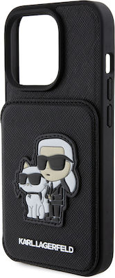 Karl Lagerfeld Saffiano Card Slot Stand Karl and Choupette Задна корица Изкуствена кожа / Пластмаса с слот за карти Черно (iPhone 15 Pro - iPhone 15 Про)