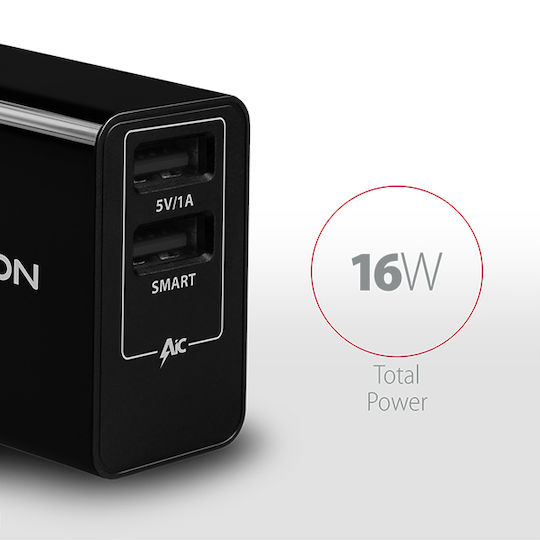 Axagon Ladegerät ohne Kabel mit 2 USB-A Anschlüsse 16W Schwarzs (ACU-DS16)